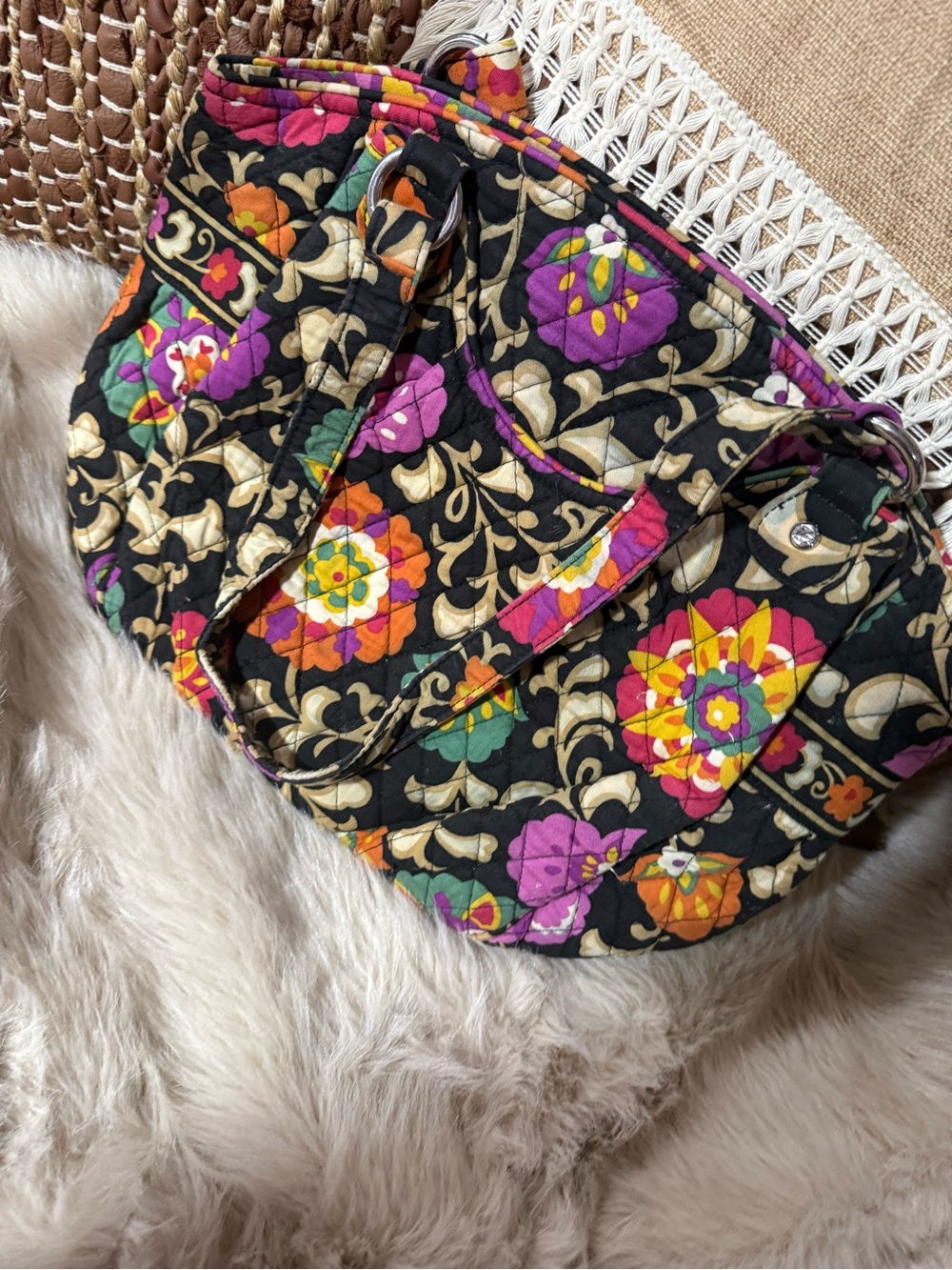 Vera Bradley Quilted Floral Tote Bag in Black with Multicolor Blooms
